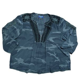 Johnny Was Workshop Camo Embellished Silk Blouse   Sz: L